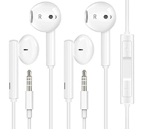 [2 Piezas] Auriculares In Ear, 3.5mm con Cable y Microfono, Nueva Espuma Viscoelástica, Cable Duradero, Graves, Earphones para iPhone, iPad, Samsung, Huawei, Gaming, Deportivos, Ordenador