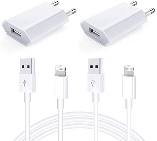 Cargador iPhone USB Apple MFi Certificado [2 Pack 1M] Adaptador de Corriente USB de 5W y Cable iPhone Cable Lightning Movil Pared Enchufe para iPhone 7 8 Plus X XS Max XR SE 11 12 13 Pro Max iPad iPod