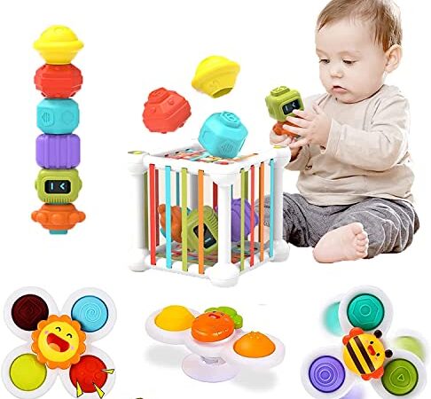 Morkka 12 Juguetes Montessori para niños y niñas, Juguetes sensoriales para bebés Cubo Colorido con 3 ventosas giratorios y Laberinto de Cuentas Aprendizaje temprano para niños pequeños de 1-3 años