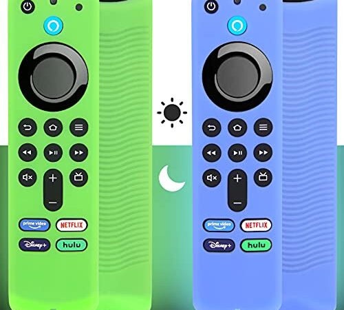 Pinowu Funda para Mando a Distancia Compatible con Fire TV Stick 4K /4K MAX Alexa Control Remoto de Voz (3ª Gen) Que Brilla en la Oscuridad con cordón (2pcs,Verde y Azul)