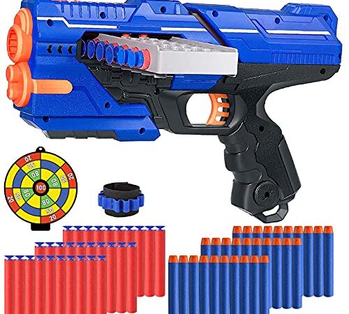 Pistola de Dardos para Flechas Nerf, Pistola de Juguete con Clips de 12 Balas + 60 Dardos de Espuma, Juego de Disparos Infantiles, Juguete de Armas Niño, Regalos de Cumpleaños Niños de 6 a 12 Años