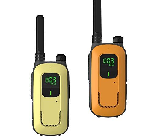 Radioddity Walkie talkies PR-T3 sin Licencia, Recargables, para niños de Entre 3 y 12 años y familias, Tienen 16 Canales, VOX, Linterna, Pantalla LCD iluminada, Carga por USB (Naranja / Amarilla)