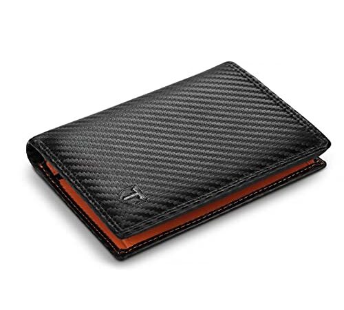 TEEHON Cartera Hombre, Cartera Vertical Cuero de Fibra de Carbono, con RIFD Protección, 13 Ranuras para Tarjetas, con Cremallera, Regalo para Hombre de Navidad, Cumpleaños etc..(Negro y Naranja)