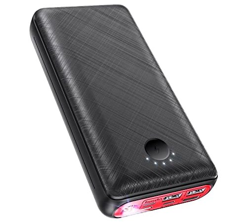 JIGA Power Bank Batería Externa Cargador Móvil Portátil 30000mAh Ultra Alta Capacidad con 3 Salidas y 3 Entradas y Linterna, USB C Powerbank para iPhone, Samsung, iPad, Smartphones etc