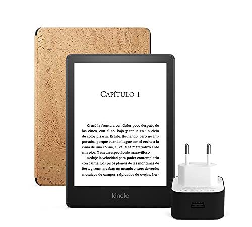 Kindle Paperwhite Essentials Bundle con Kindle Paperwhite (8 GB, sin publicidad), Funda de corcho de calidad superior de Amazon y Cargador Amazon PowerFast (9 W)