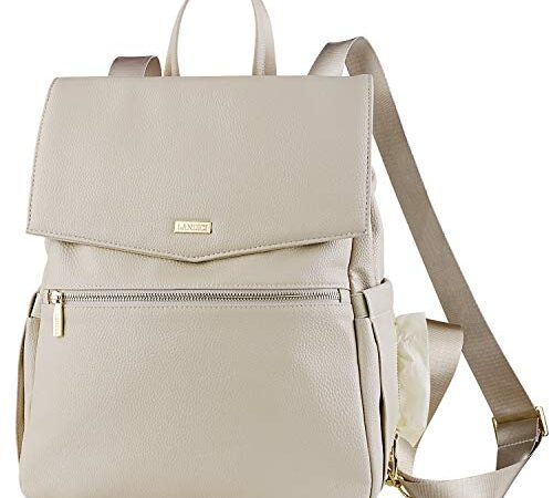 Landici - Mochila de piel para bebé con funda para portátil, iPad para mamá y mujer, mochila de viaje impermeable para niña multifunción de maternidad con correa para cochecito, color beige