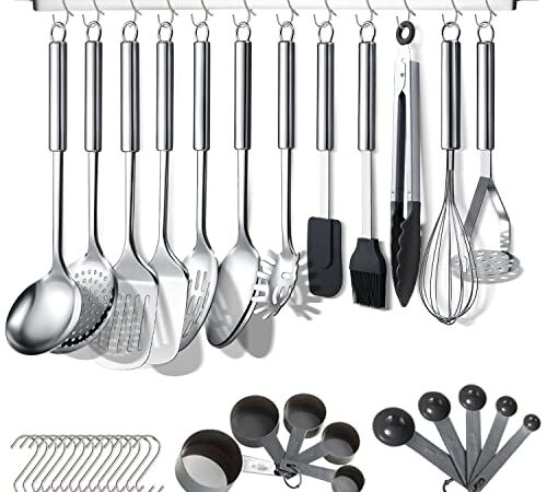 Berglander Juego de utensilios de cocina de 38 piezas de acero inoxidable, utensilios de cocina con soporte para utensilios y ganchos para colgar aptos para lavavajillas