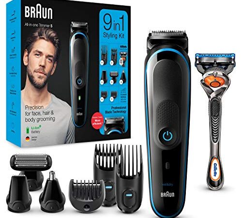 Braun Recortadora de Barba 9 en 1, Máquina de Cortar Pelo, Depiladora Corporal Hombre, MGK 5280, Negro/Azul