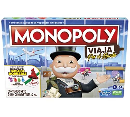 Monopoly Viaja por el mundo - Juego de mesa para toda la familia y niños a partir de 8 años - Incluye peones-cuños y tablero de borrado en seco