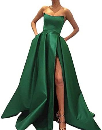 Women Satin Strapless A Line Bridesmaid Dress High Slit Prom Dresses Long Formal Evening Ball Gowns with Pockets