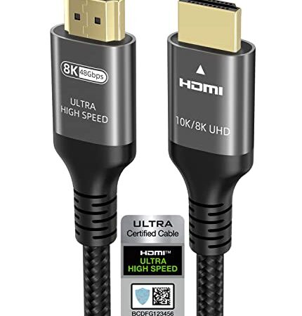 10k 8k 4k Cable HDMI 2.1 de 48Gbps Certificado Ultra Alta Velocidad HDMI Cable 4K120Hz 144Hz 10K 8K60Hz 4:4:4 DTS:X Dolby Atmos eARC Dynamic HDR Compatible con Apple TV Gaming PC RTX3090 PS5 Xbox (2m)