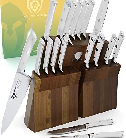 DALSTRONG Knife Set Block - 18-Pc Colossal Knife Set - Gladiator Series - German HC Steel - Acacia Wood Stand - White ABS Handles - NSF Certified