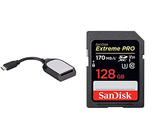 SanDisk Extreme Pro - Tarjeta de memoria SDXC de 128 GB + SanDisk Extreme PRO SD UHS-II - Dispositivo de lectura/escritura de tarjetas USB-C