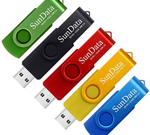 SunData 32GB Memorias USB 5 Piezas PenDrives 32GB Unidad Flash USB2.0 Giratoria Pen Drive con Luz LED (5 Colores: Negro Azul Verde Rojo Oro)