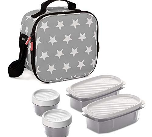 Tatay Urban Food Casual - Bolsa Térmica Porta Alimentos, 3 L de Capacidad, con 4 Tuppers Herméticas, 2 x 0.5L, 2 x 0.2L, Color Gris con Estrellas, Medidas 22.5 x 10 x 22 cm