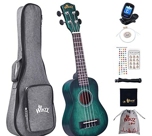 Winzz Ukelele Soprano Principiante para Niños Adulto con 6 Accesorios, Diseño de Color Único - 21 Pulgadas Cian Oscuro