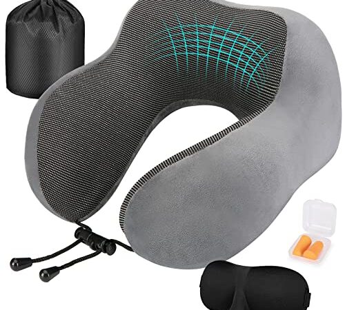 Amazon Brand - Eono Almohada de Viaje para Cuello, Almohada Cervical para Avión y Coche, Almohada Cuello Viscoelastica de Espuma Memoria, Cojin de Viaje Cuello, con Máscara de Ojos, Tapones y Bolsa