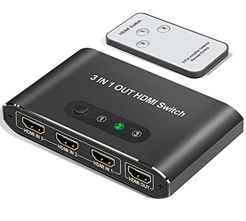 HDMI Switch 4K 60Hz, Conmutador HDMI Switcher 3 Puertos con Control Remoto, Automático Switch 3 Entradas a 1 Salida, Soporta 4K, 3D, 1080P para PS4, PS3, Xbox, BLU-Ray, DVD, HDTV, Chromecast