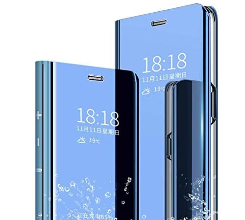 MLOTECH Funda Huawei P20 Lite,Funda Case + Cristal Templado Flip Clear View Translúcido Espejo Standing Cover Slim Fit Anti-Shock Anti-Rasguño Mirror 360°Protectora Cubierta Azul Cielo