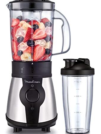 Moulinex Blend&Go LM1B1D - Batidora de vaso de 300 W, batidora smoothie con jarra de plástico de 750 ml, incluye botella portátil de 750 ml, 4 cuchillas extraíbles, acabados en acero inoxidable