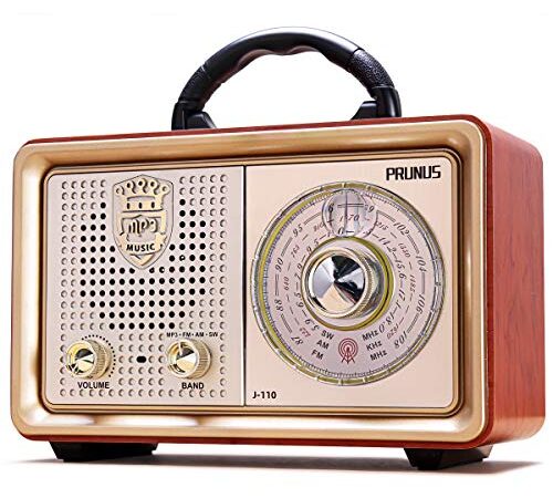 PRUNUS J-110 FM/Am/SW Radio Portatil Pequeña Bluetooth, Radio Vintage con clásico gabinete de Madera. Radio Retro con Excelente Recepción, Altavoz de 5W Incorporado, Reproductor USB/TF/AUX (Oro)