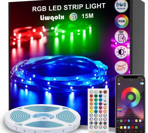 Tira LED 15 Metros, Luces LED Habitación 15M, 5050 RGB Bluetooth Tiras LED con Control Remoto y Inteligente Control de APP, Cambia el Color con la Musica, Para Decoración de Bares, Fiestas, Cocina