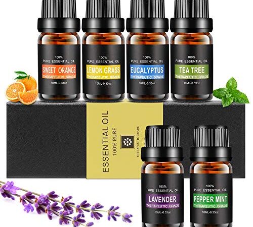 Aceites Esenciales, Aiemok Aromaterapia Essential Oils Set 100% Puro y Naturales, 6 Set de Regalo de Aceites de Aromaterapia de Lavanda, Arból de Té, Menta, Naranja Dulce, Limoncillo, Eucalipto