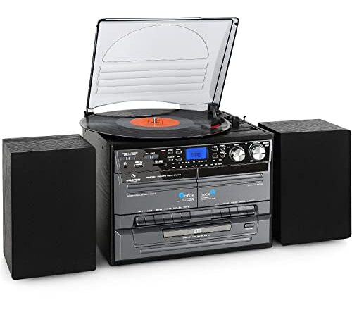 Auna Tocadiscos de Vinilo Vintage, Incluye Altavoces con Sistema Estéreo para Musica AUX, Tocadiscos de Vinilo Bluetooth, Reproductor Vinilo Retro con CD, Radio Dab, Radios con Bluetooth y USB