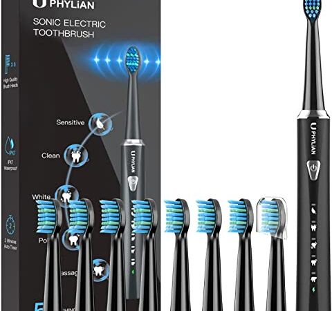 Cepillos de Dientes Electricos Sónico Adultos - Cepillo Electrico con 8 Cabezales, 5 Modos y Temporizador de 2 Minutos, IPX7 Impermeable Cepillo Dientes Electrico, Cepillo Electrico Negro, H7