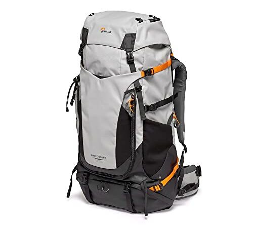 Lowepro PhotoSport Pro BP 70L, Mochila para Cámaras Réflex y sin Espejo, Acceso Frontal y Trasero, Inserto Extraible para Cámara, Correas para Accesorios, Tamaño: M/L, Color Gris Oscuro/Gris Claro