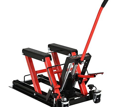 DURHAND Gato Hidráulico de Motocicletas Elevador ATV para Garaje Pista con Plataforma Almohadilla Antideslizante de Alta Resistencia Acero Soporte 680 kg 110x36x67 cm Negro y Rojo