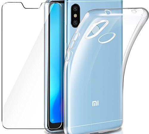 Leathlux Funda + Cristal para Xiaomi Mi A2 Lite, Transparente Mi A2 Lite TPU Silicona [Funda + Vidrio Templado] Ultra Fino Protector de Pantalla Back Case Cover para Xiaomi Mi A2 Lite/Redmi 6 Pro