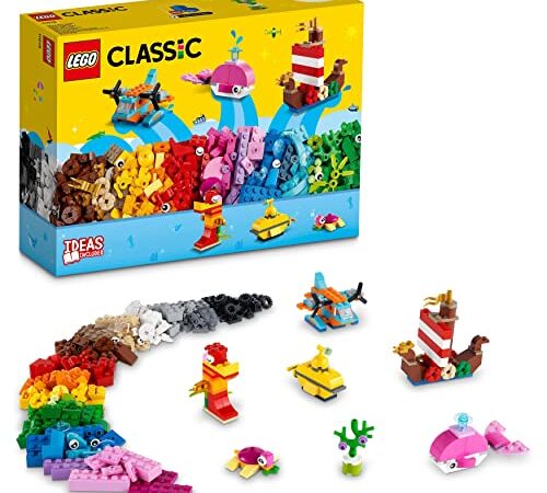 LEGO 11018 Classic Diversión Oceánica, Caja de Ladrillos con 6 Figuras de Animales Marinos, un Dron y un Barco Vikingo, Juego de Construcción para Niños