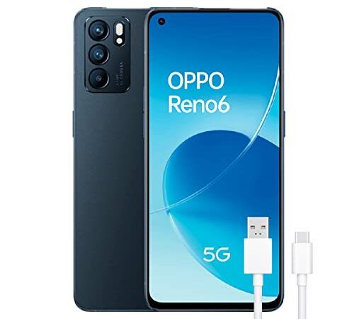 OPPO Reno 6 5G Black - Pantalla 6.43" AMOLED FHD 90Hz, 8GB RAM + 128GB Almacenamiento, Mediatek Dimensity 900, Triple cámara 64MP+8MP+2MP, 4300mAh con Carga rápida 65W