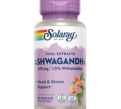 SOLARAY® Ashwagandha. 60 VegCaps. Extracto estandarizado de raíz Ashwagandha. Hierba utilizada en la tradición Ayurveda. Sin gluten. Apto para veganos.