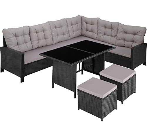 tectake 800824 Conjunto de ratán, Sofá de Esquina para jardín, Mueble de Exterior para terraza con Mesa y Cojines (Negro con Cojines Grises)