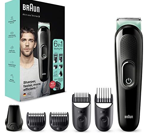 Braun Recortadora de Barba 6 en 1, Máquina Cortar Pelo, Cortapelos Hombre para Cara, Pelo Orejas y Nariz, 5 Accesorios, 3 MGK3321, Negro/Verde