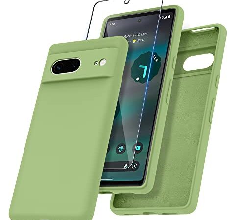 Janmitta para Funda Google Pixel 7 con 1 Cristal Templado Protector Pantalla, Carcasa de Silicona Líquida Suave Antichoque Case - Menta Verde