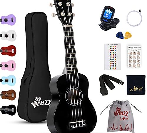 Winzz Ukelele Soprano Starter Kit para Principiante. Incluye: Funda, Afinador, Cuerdas Extra, Correa Ajustable, Púas, Pegatinas de notas, Guía de Acordes y Paño de pulido. Color: Negro