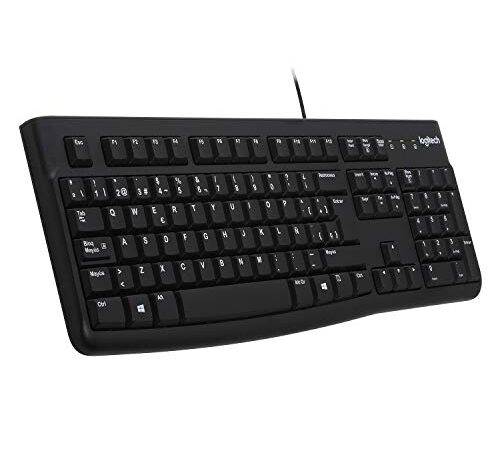 Logitech K120 Teclado con Cable Business para Windows, Tamaño Normal, Resistante a Líquido, Barra Espaciadora Curvada, PC/Portátil, Disposición QWERTY Español, color Negro