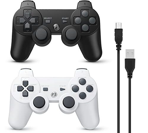 Powerextra Mando Inalámbrico para PS3, 2 Pack Wireless Bluetooth Six-Axis Playstation 3 Gamepad Joystick Controlador con Doble Vibración Recargable Controller con Cable para PS-3(Negro&Blanco)