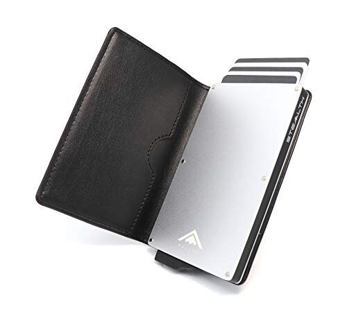 Stealth Wallet - Cartera Delgada, Ligera y Minimalista con Tarjetero de Credito - Carteras Emergentes Seguras con Tarjeteros con Bloqueo RFID/NFC y Caja de Regalo (Aluminio Plata con Cuero Negro)