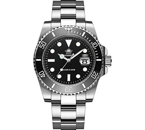 ADDIESDIVE Reloj de cuarzo para hombre Diver's 200 M Buzo Luminiscente Correa Acero Inoxidable 4 Colores, Negro , Pulsera