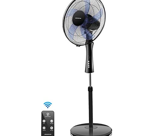 Aigostar Ventilador Silencioso de Pie con Mando a Distancia, Temporizador, 5 Aspas, 3 Velocidades + 3 Modos de Uso, Oscilante 90º, Altura Regulable Hasta 135cm, Base Antideslizante, 60W