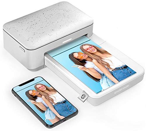 HP Sprocket Studio Impresora instantánea 10 x 15 cm (Blanca) Imprima fotos desde sus dispositivos iOS, Android y redes sociales, EU Plug