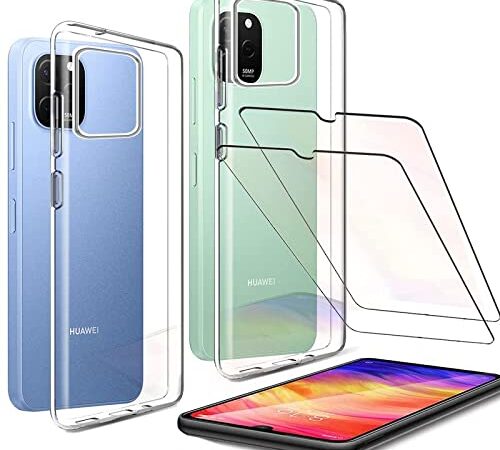 HuiYouMY para Honor Play 7T Pro Funda [2Pcs + 2Pcs] Cristal Templado - Transparente Carcasa y Cristales Protector de Pantalla TPU Silicona Suave Gel Caja Cover Tapa Caso Carcasa Cubierta -Clear