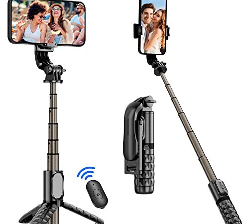 Mini Palo Selfie Trípode, Extensible 4 en 1 Selfie Stick de Aluminio con Inalámbrico Control Remoto Trípode Portátil Rotación de 360° Compatible con iPhone 13/12/11, Samsung, Huawei, Gopro (Negro)