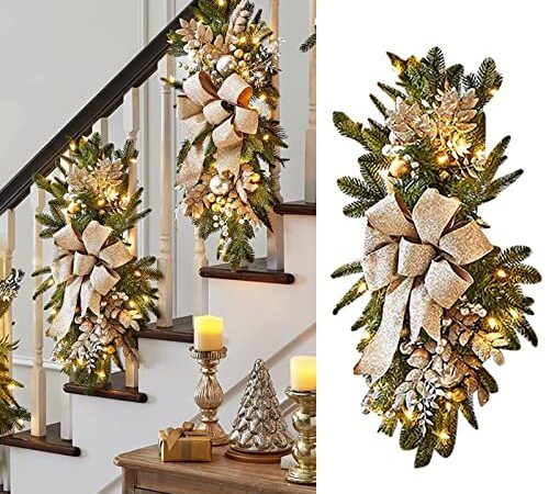 2Pcs Christmas Front Porch Decorations Christmas Hanging Tree with Lights,Christmas Garland Decor Christmas Tree Decorations Set For Door Frame Decoration (Color : Gold)