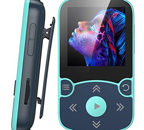 AGPTEK 32GB Clip Reproductor MP3 Deportivo Bluetooth 5.3,HiFi MP3 Player Portátil sin Pérdida, Radio FM, Podómetro Inteligente, Fotos, Grabaciones, Libro Electrónico, Soporta hasta 128 GB (Azul1)