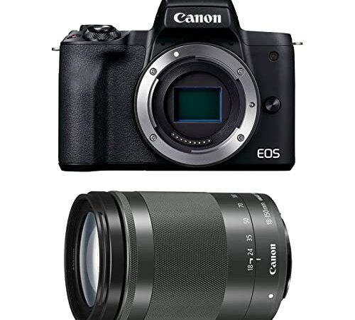 Canon EOS M50 Mark II + Lente EF-M 18-150 mm F3.5-6.3 IS STM (24.1 MP, Pantalla táctil LCD de 7.5 cm, WLAN, HDMI, Bluetooth, Sistema de AF CMOS de Doble píxel, AF de Ojo, Video 4K, EVF OLED), Negro